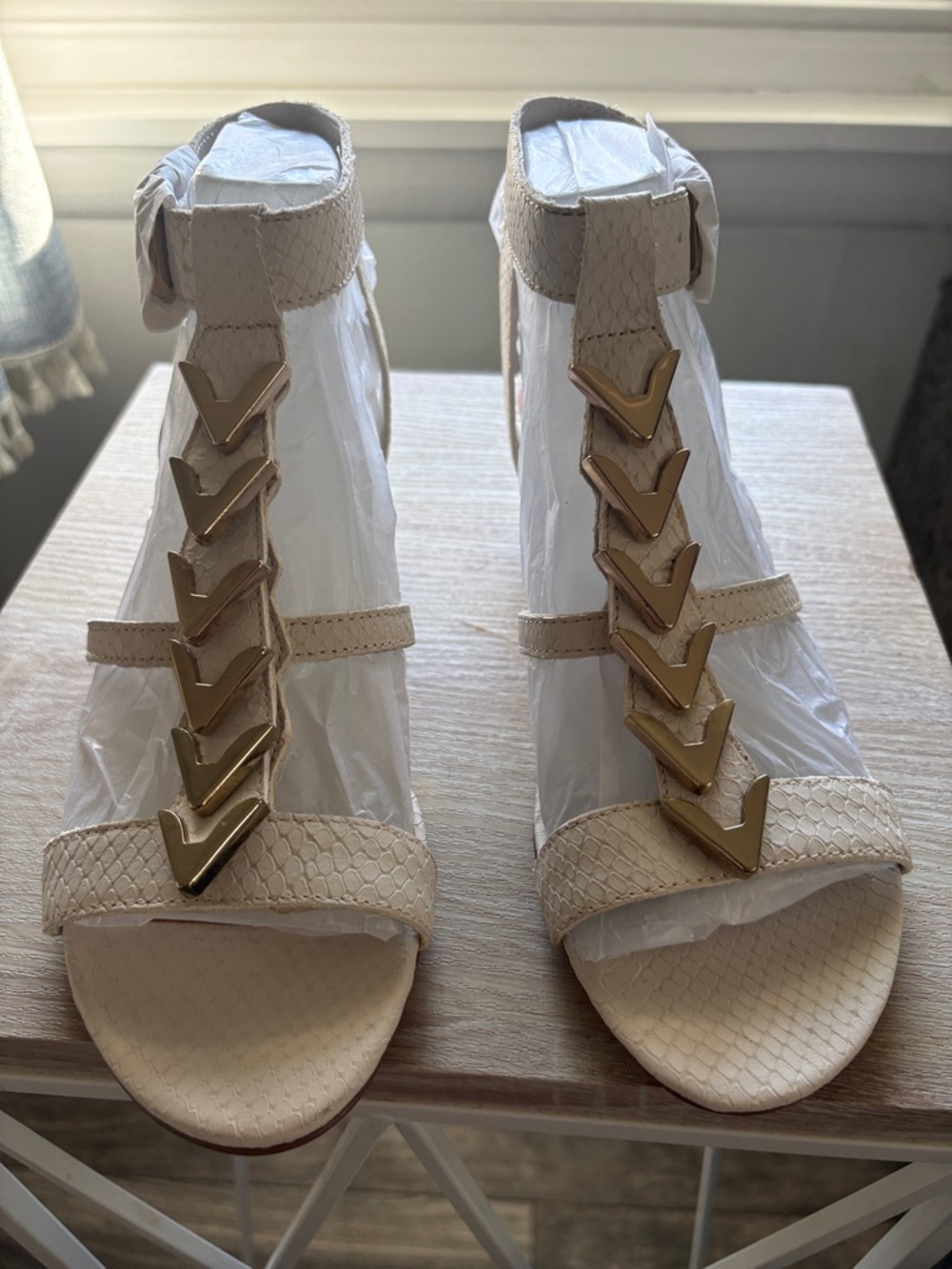 Dolce Vita Cream Strappy Sandals with Gold Chevron Accents